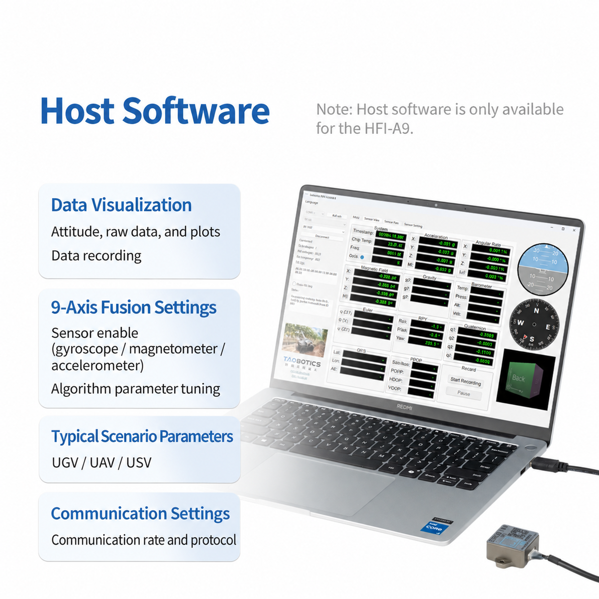HFI-A9 host software for IMU data visualization and parameter configuration
