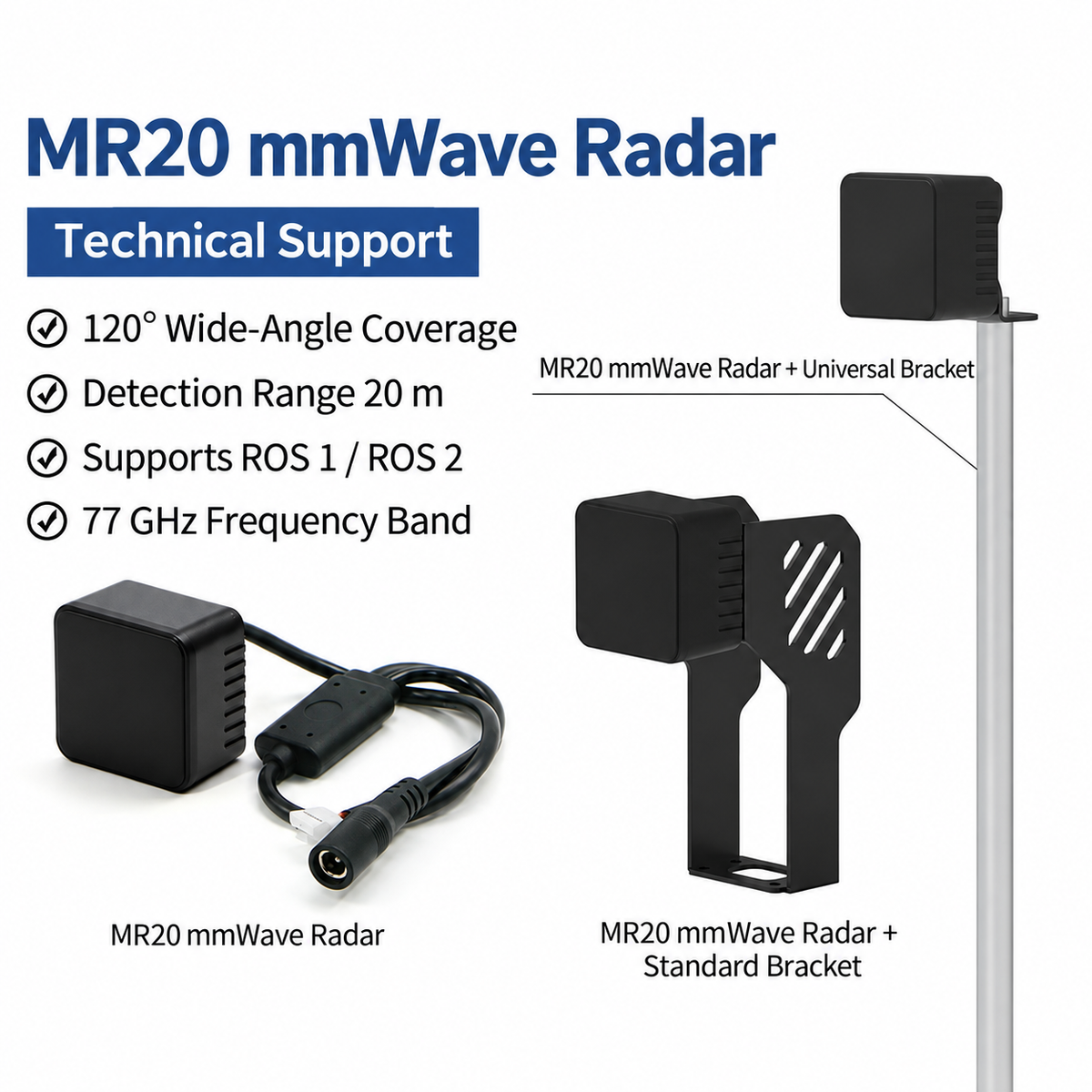 MR20 77GHz mmWave Obstacle Avoidance Radar – 20 m, 120°, ROS 1/ROS 2