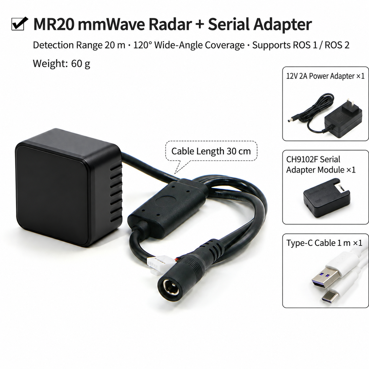 MR20 77GHz mmWave Obstacle Avoidance Radar – 20 m, 120°, ROS 1/ROS 2