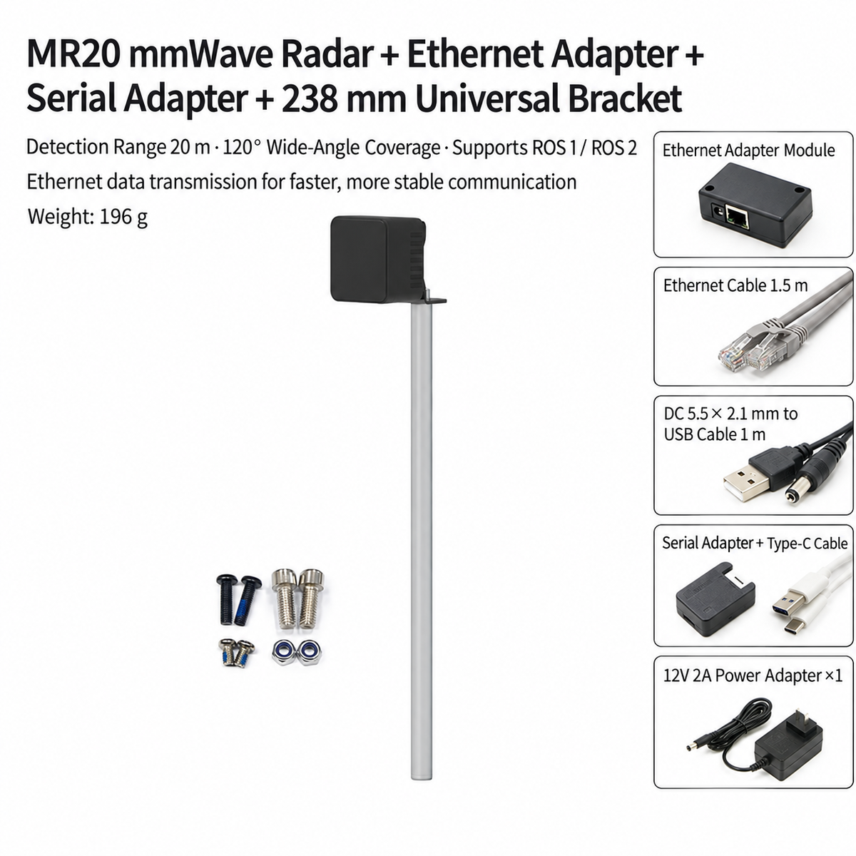 MR20 77GHz mmWave Obstacle Avoidance Radar – 20 m, 120°, ROS 1/ROS 2